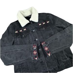 Driftwood Denim Jacket Women M Aztec Black Boho Embroidered Trucker Sherpa